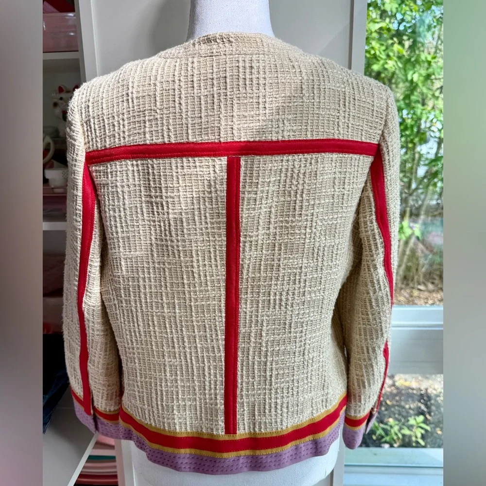 Tory Burch Cream Tweed Jacket with Red, Orange & Purple Trim